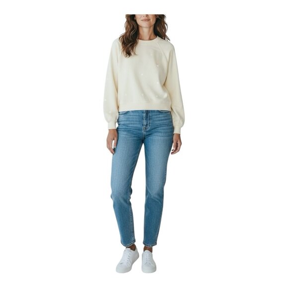 Just Madison Hearts Cotton Sweatshirt Medium Pearled Ivory Crew Neck Athleisure - Picture 1 of 9